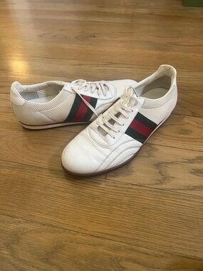 Gucci White Leather Sneakers with Red & Black Web Stripe